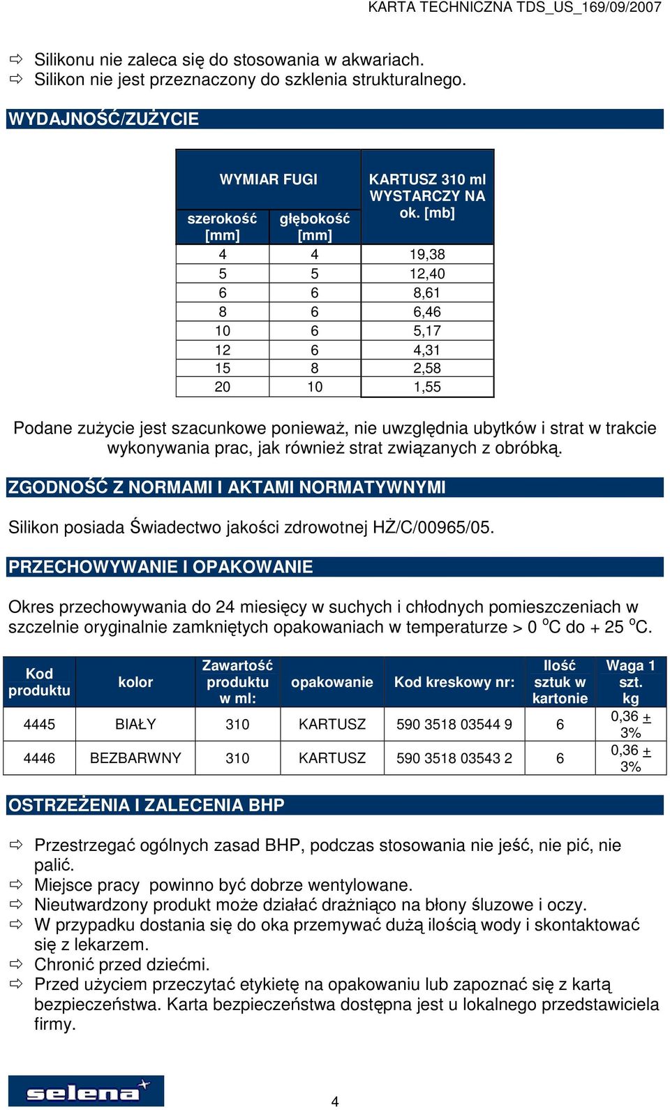 jak równieŝ strat związanych z obróbką. ZGODNOŚĆ Z NORMAMI I AKTAMI NORMATYWNYMI Silikon posiada Świadectwo jakości zdrowotnej Hś/C/00965/05.