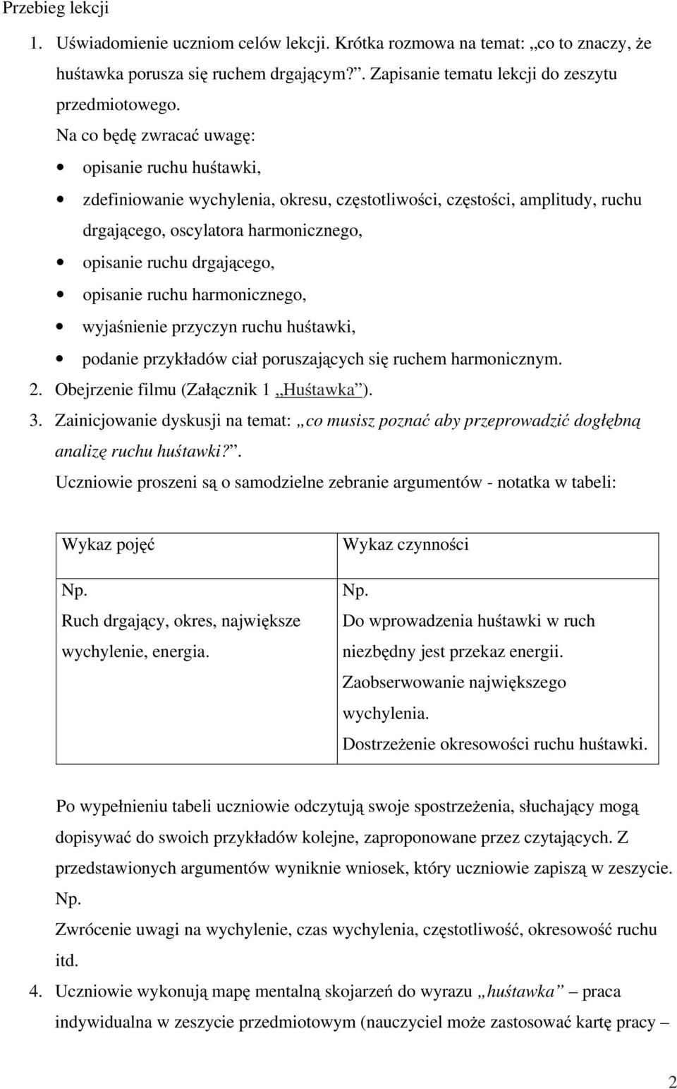 opisanie ruchu harmonicznego, wyjaśnienie przyczyn ruchu huśtawki, podanie przykładów ciał poruszających się ruchem harmonicznym. 2. Obejrzenie filmu (Załącznik 1 Huśtawka ). 3.