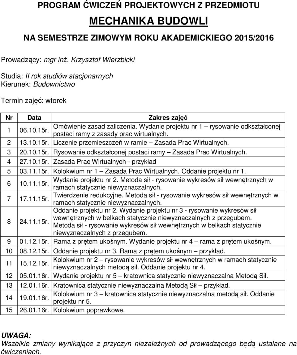 12.15r. Rama z prętem ukośnym. Wydanie projektu nr 4 rama z prętem ukośnym. 10 08.12.15r. Oddanie projektu nr 3. Rama z prętem ukośnym przykład. 11 15.12.15r. 12 05.01.16r.