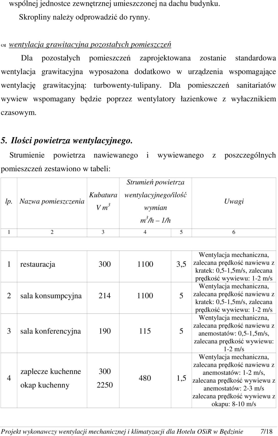 grawitacyjną: turbowenty-tulipany. Dla pomieszczeń sanitariatów wywiew wspomagany będzie poprzez wentylatory łazienkowe z wyłacznikiem czasowym. 5. Ilości powietrza wentylacyjnego.