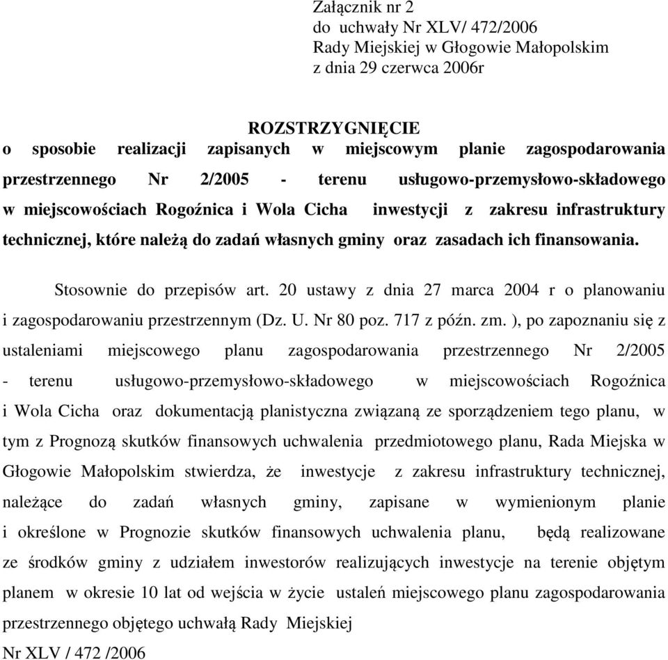 zasadach ich finansowania. Stosownie do przepisów art. 20 ustawy z dnia 27 marca 2004 r o planowaniu i zagospodarowaniu przestrzennym (Dz. U. Nr 80 poz. 717 z późn. zm.