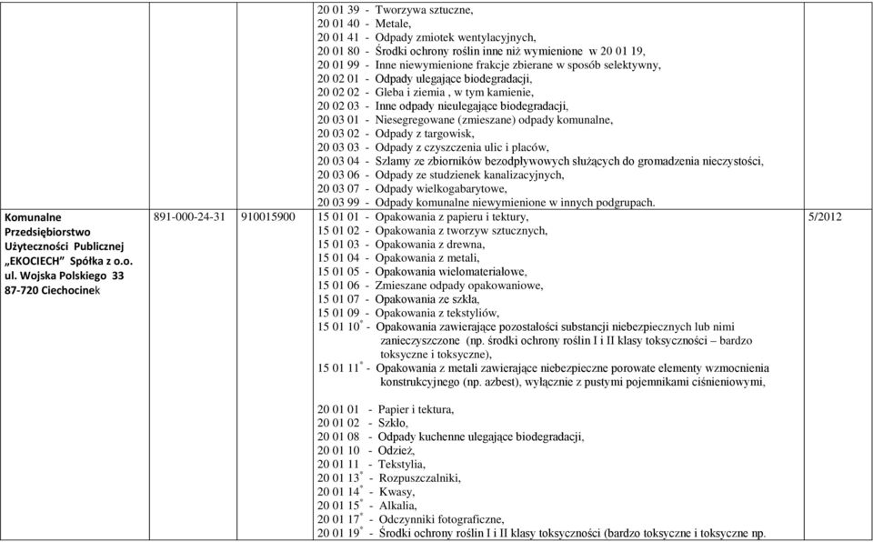 sposób selektywny, 20 02 02 - Gleba i ziemia, w tym kamienie, 20 02 03 - Inne odpady nieulegające biodegradacji, 891-000-24-31 910015900 15 01 01 - Opakowania z papieru i tektury, 15 01 02 -