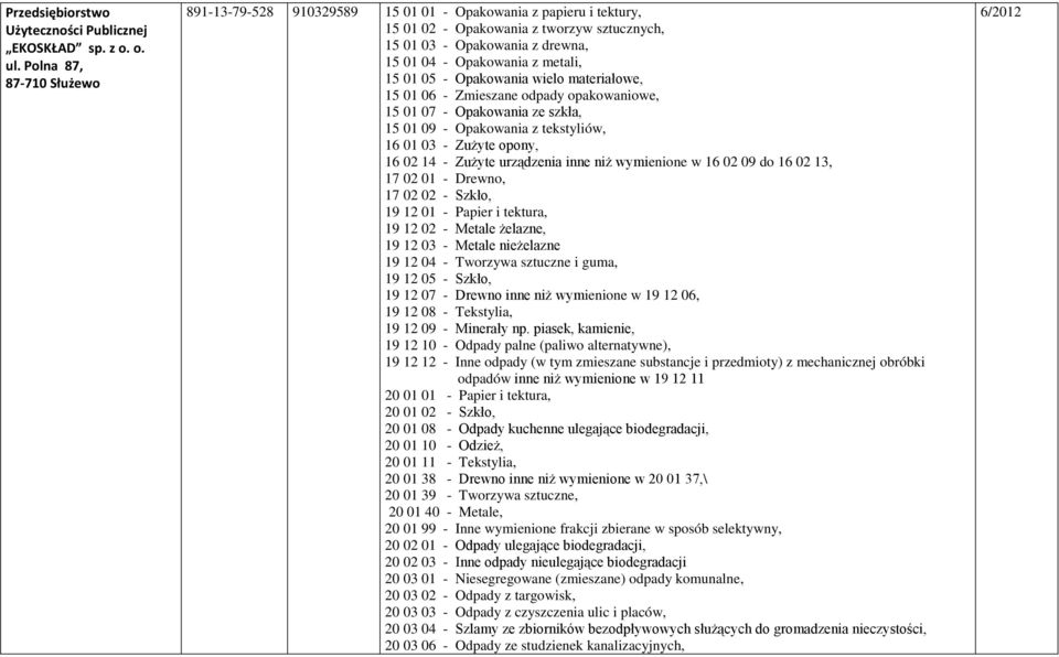 15 01 05 - Opakowania wielo materiałowe, 15 01 06 - Zmieszane odpady opakowaniowe, 15 01 07 - Opakowania ze szkła, 15 01 09 - Opakowania z tekstyliów, 16 01 03 - Zużyte opony, 16 02 14 - Zużyte