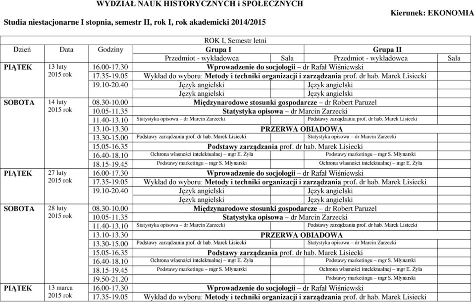 35 Statystyka opisowa dr Marcin Zarzecki 11.40-13.10 Statystyka opisowa dr Marcin Zarzecki Podstawy zarządzania prof. dr hab. Marek Lisiecki 13.30-15.00 Podstawy zarządzania prof. dr hab. Marek Lisiecki Statystyka opisowa dr Marcin Zarzecki 15.