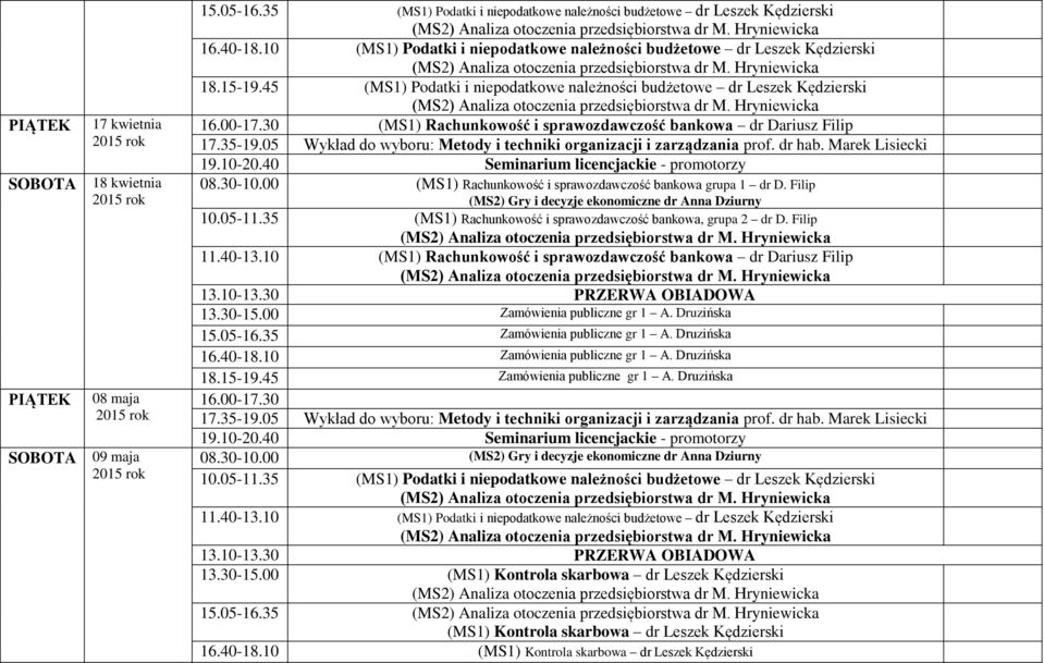 30 (MS1) Rachunkowość i sprawozdawczość bankowa dr Dariusz Filip 08.30-10.00 (MS1) Rachunkowość i sprawozdawczość bankowa grupa 1 dr D. Filip 10.05-11.