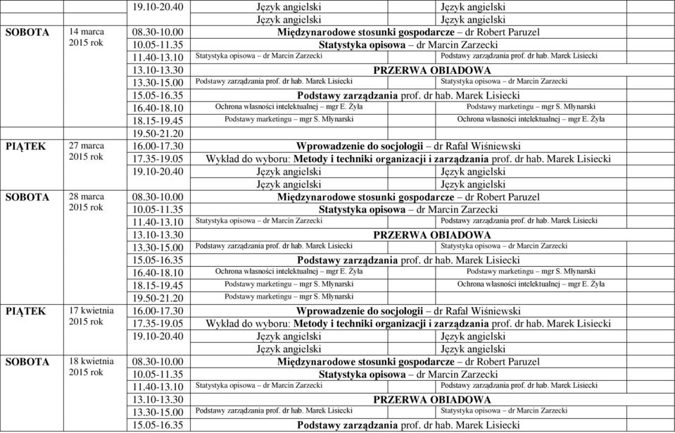 10 Ochrona własności intelektualnej mgr E. Żyła Podstawy marketingu mgr S. Młynarski 18.15-19.45 Podstawy marketingu mgr S. Młynarski Ochrona własności intelektualnej mgr E. Żyła 16.00-17.