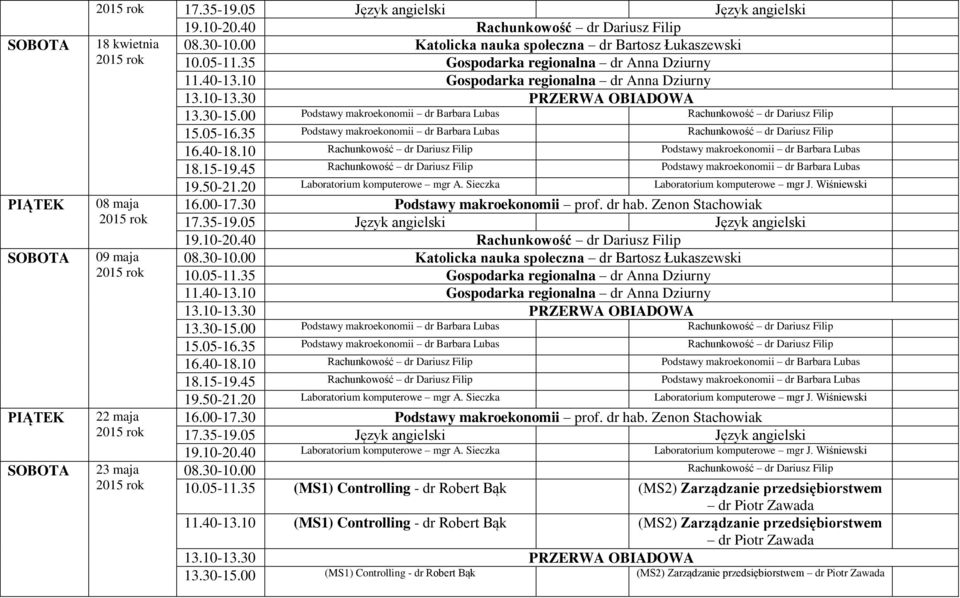 10 Rachunkowość dr Dariusz Filip Podstawy makroekonomii dr Barbara Lubas 18.15-19.45 Rachunkowość dr Dariusz Filip Podstawy makroekonomii dr Barbara Lubas 08 maja 09 maja 22 maja 23 maja 17.35-19.