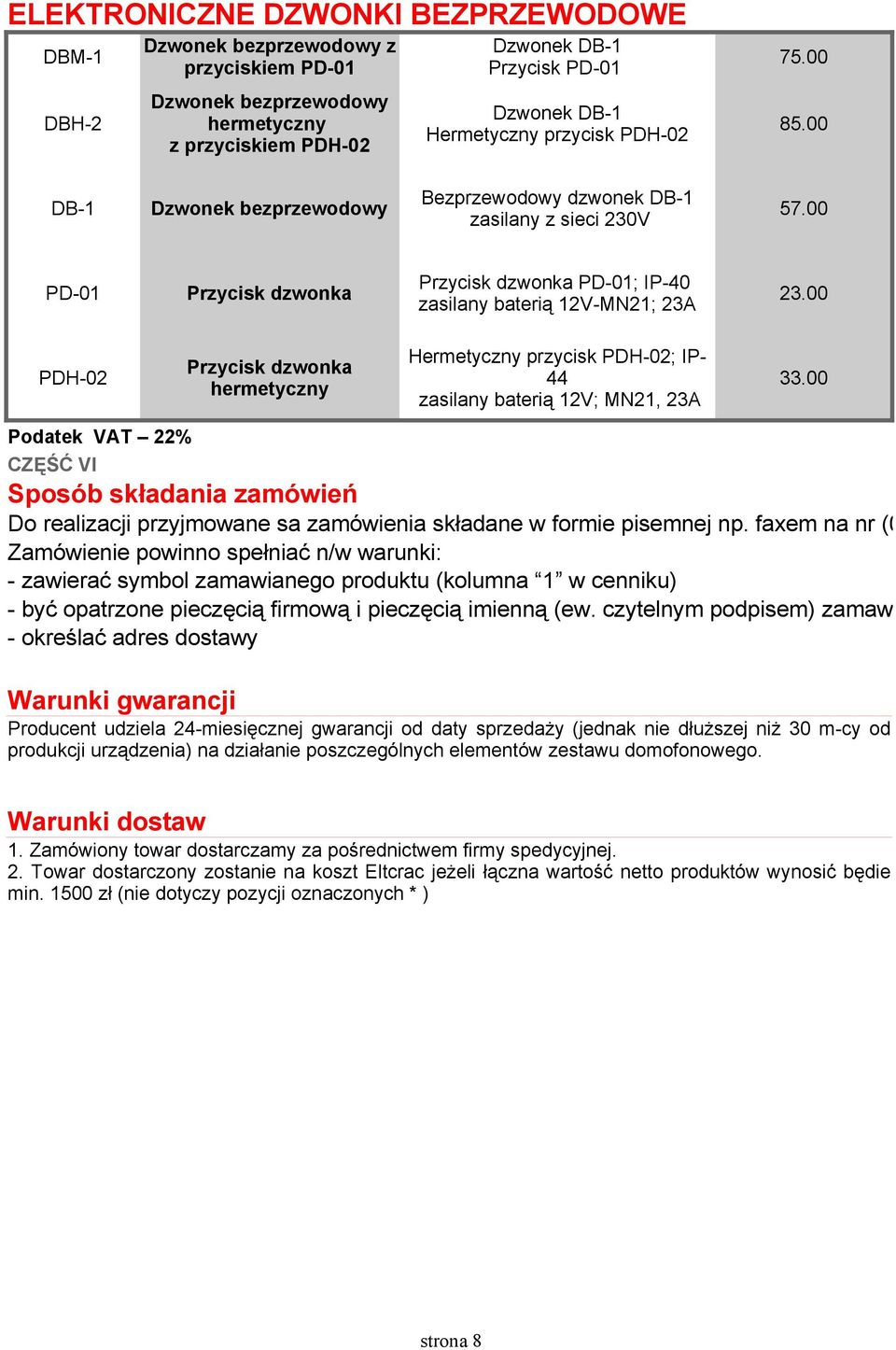 00 Przycisk dzwonka PD-01; IP-40 PD-01 Przycisk dzwonka 23.00 zasilany baterią 12V-MN21; 23A Hermetyczny przycisk PDH-02; IP- Przycisk dzwonka PDH-02 44 33.