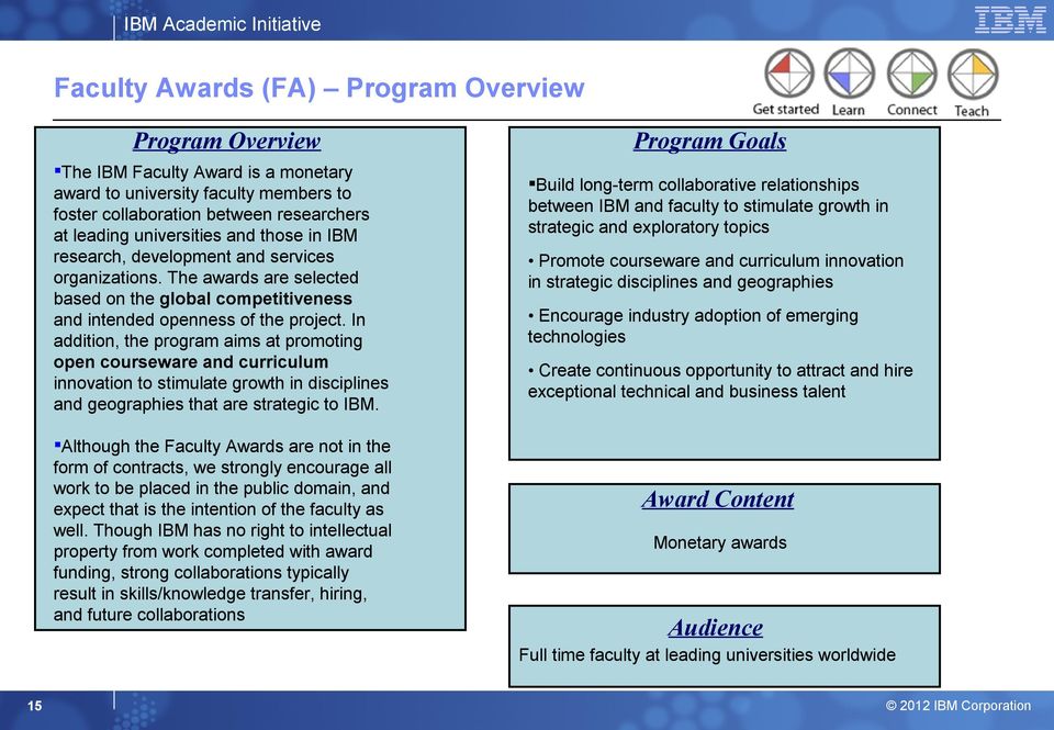 In addition, the program aims at promoting open courseware and curriculum innovation to stimulate growth in disciplines and geographies that are strategic to IBM.