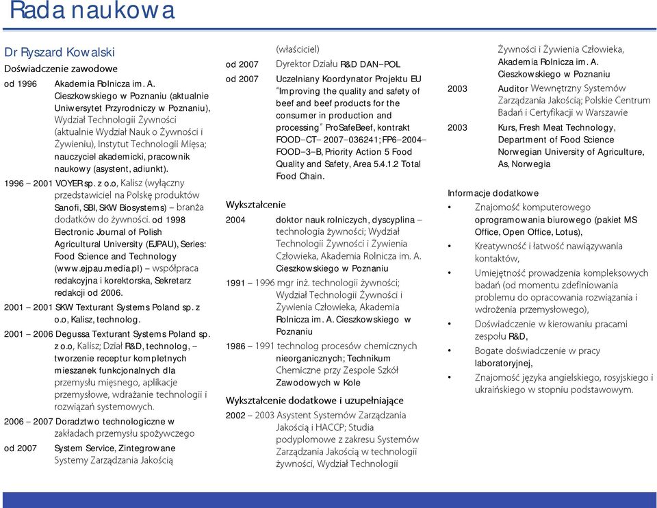 pl) redakcyjna i korektorska, Sekretarz redakcji od 2006. 2001 2001 SKW Texturant Systems Poland sp. z o.