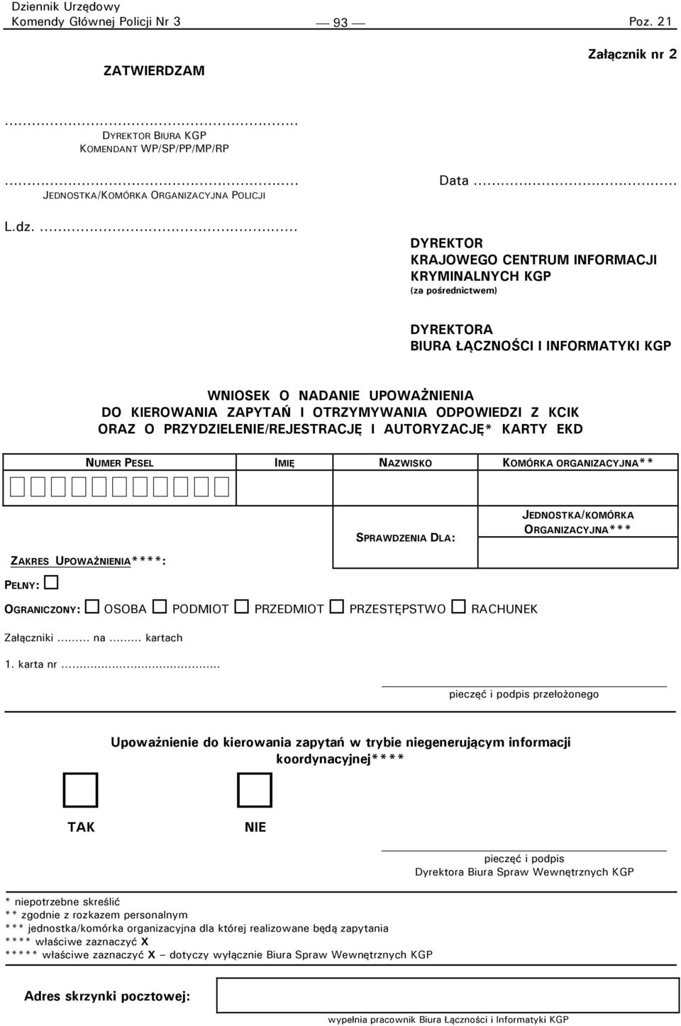 KCIK ORAZ O PRZYDZIELENIE/REJESTRACJĘ I AUTORYZACJĘ* KARTY EKD NUMER PESEL IMIĘ NAZWISKO KOMÓRKA ORGANIZACYJNA** ZAKRES UPOWAŻNIENIA****: PEŁNY: SPRAWDZENIA DLA: OGRANICZONY: OSOBA PODMIOT PRZEDMIOT