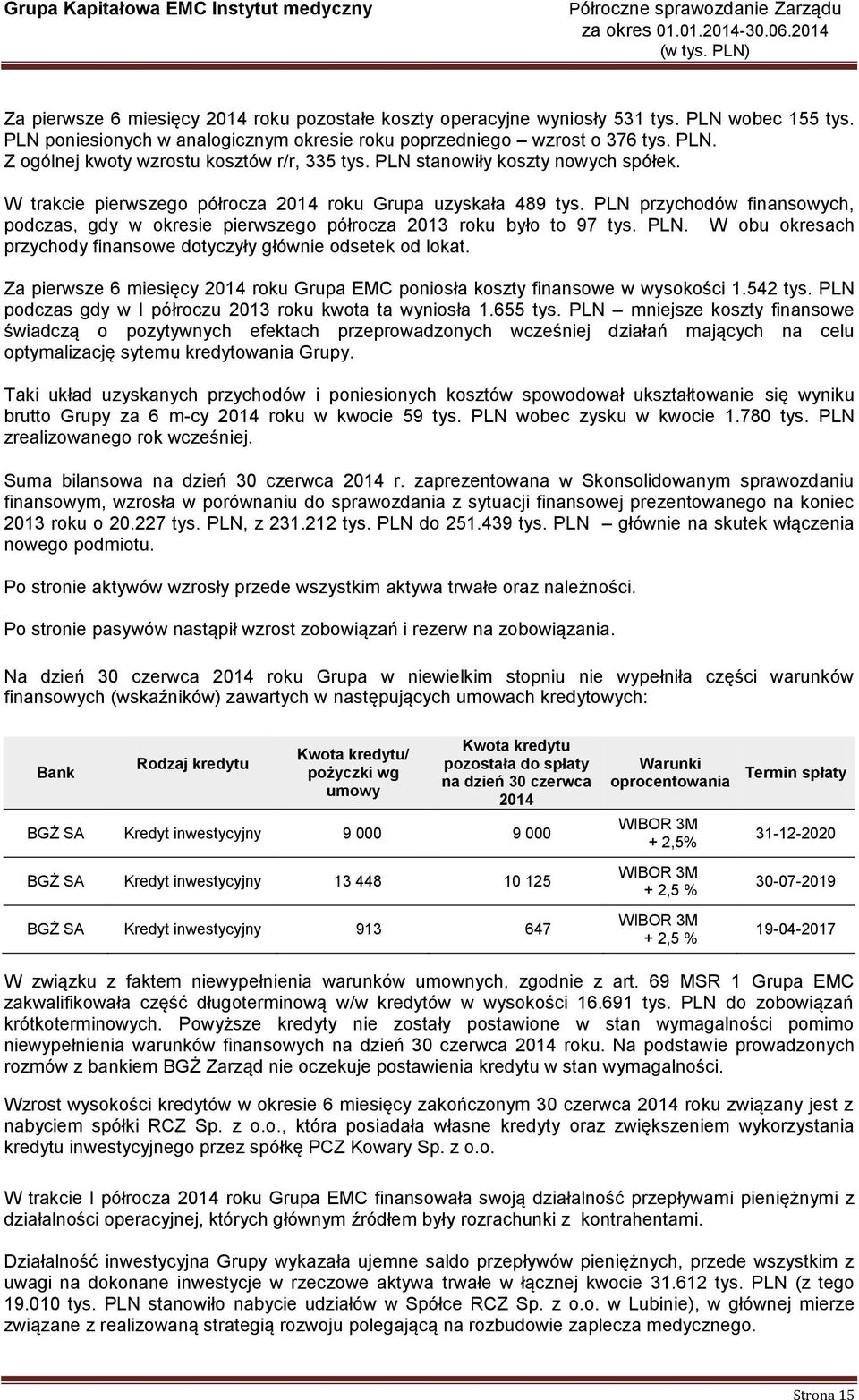 PLN. W obu okresach przychody finansowe dotyczyły głównie odsetek od lokat. Za pierwsze 6 miesięcy 2014 roku Grupa EMC poniosła koszty finansowe w wysokości 1.542 tys.