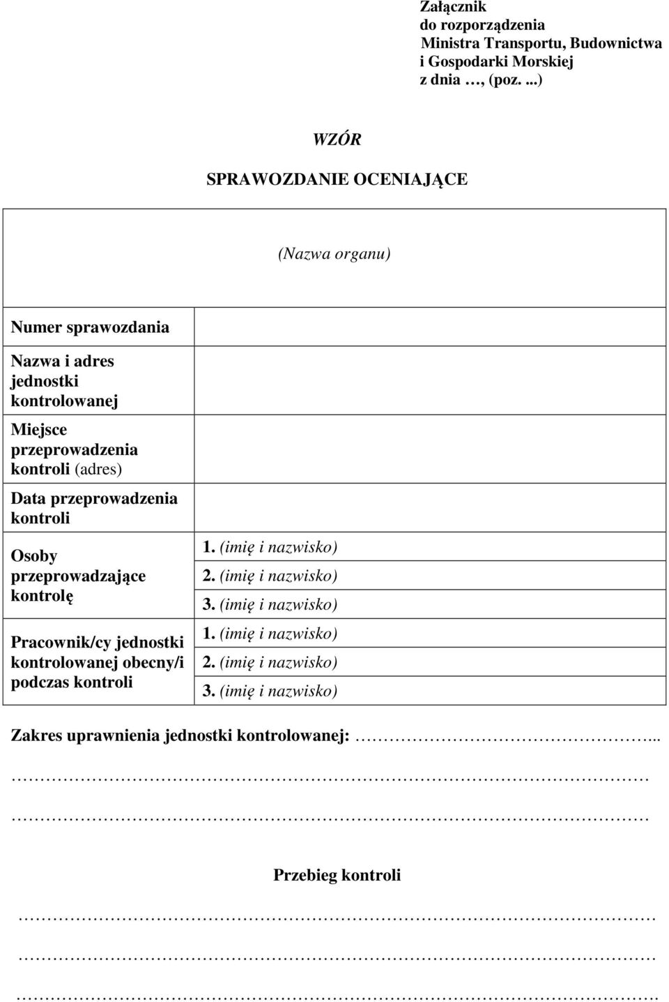 (adres) Data przeprowadzenia kontroli Osoby przeprowadzające kontrolę Pracownik/cy jednostki kontrolowanej obecny/i podczas kontroli 1.