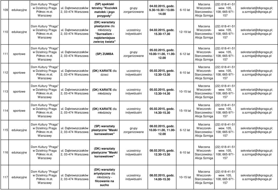 szmiga@dkpraga 111 sportowe (SP) ZUMBA 05.02.2015, godz. sekretariat@dkpraga; a.szmiga@dkpraga 112 sportowe (DK) KARATE dla dzieci 05.02.2015, godz. sekretariat@dkpraga; a.szmiga@dkpraga 113 sportowe (DK) KARATE dla 05.