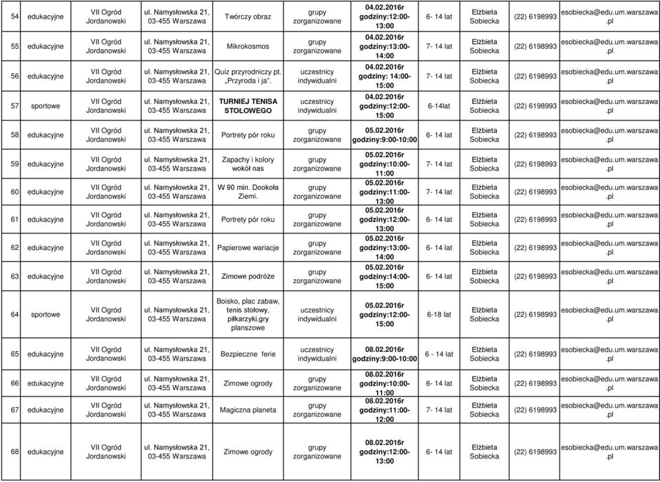 Dookoła Ziemi. Portrety pór roku Papierowe wariacje Zimowe podróże 05.02.2016r 05.02.2016r 05.02.2016r 05.02.2016r godziny:- 14:00 05.02.2016r godziny:14:00-64 sportowe Boisko, plac zabaw, tenis stołowy, piłkarzyki,gry planszowe 05.