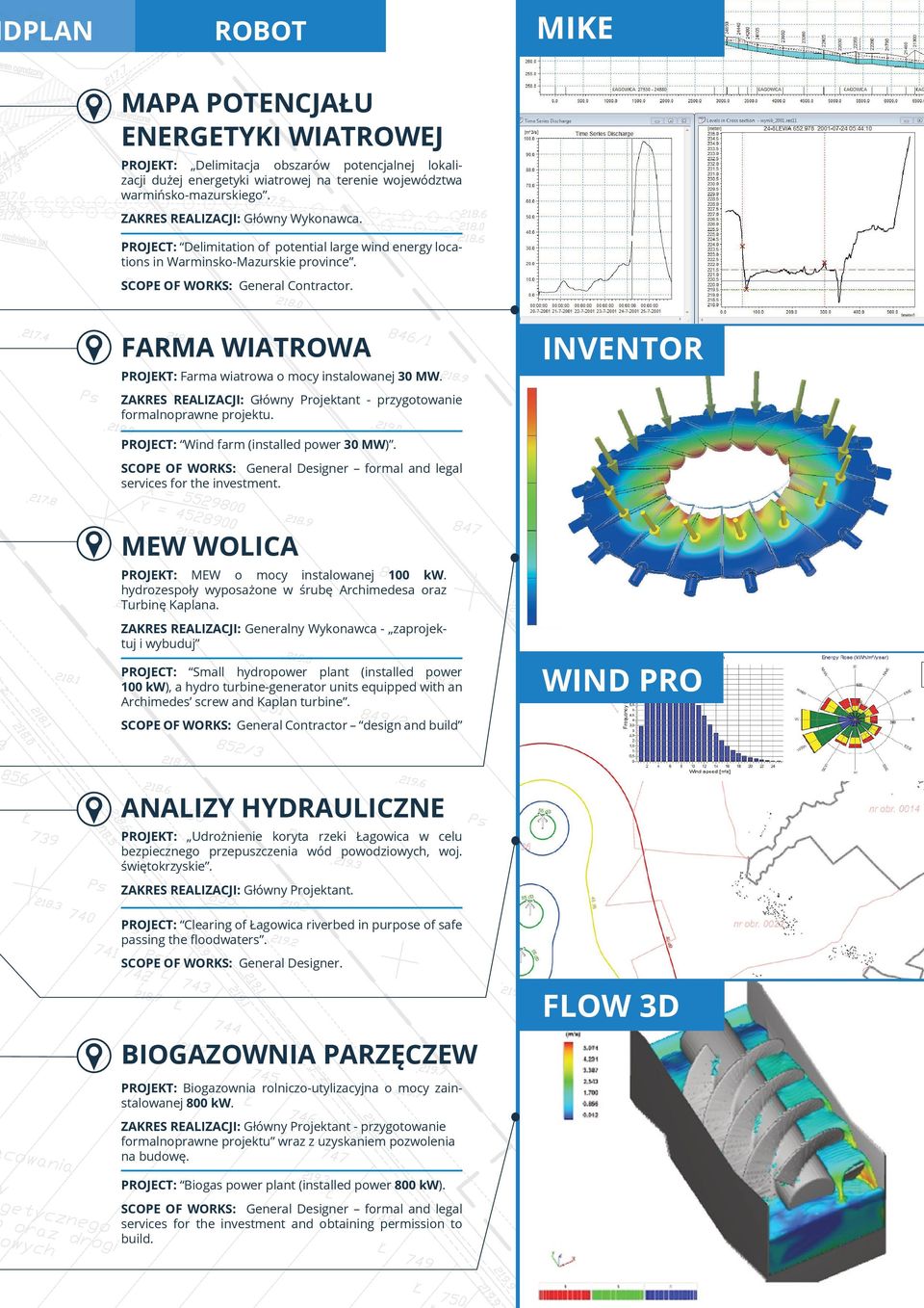 FARMA WIATROWA PROJEKT: Farma wiatrowa o mocy instalowanej 30 MW. INVENTOR ZAKRES REALIZACJI: Główny Projektant - przygotowanie formalnoprawne projektu. PROJECT: Wind farm (installed power 30 MW).