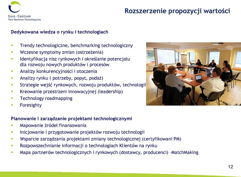 Kreowanie przestrzeni innowacyjnej (leadership) Technology roadmapping Foresighty Planowanie i zarządzanie projektami technologicznymi Mapowanie źródeł finansowania Inicjowanie i przygotowanie