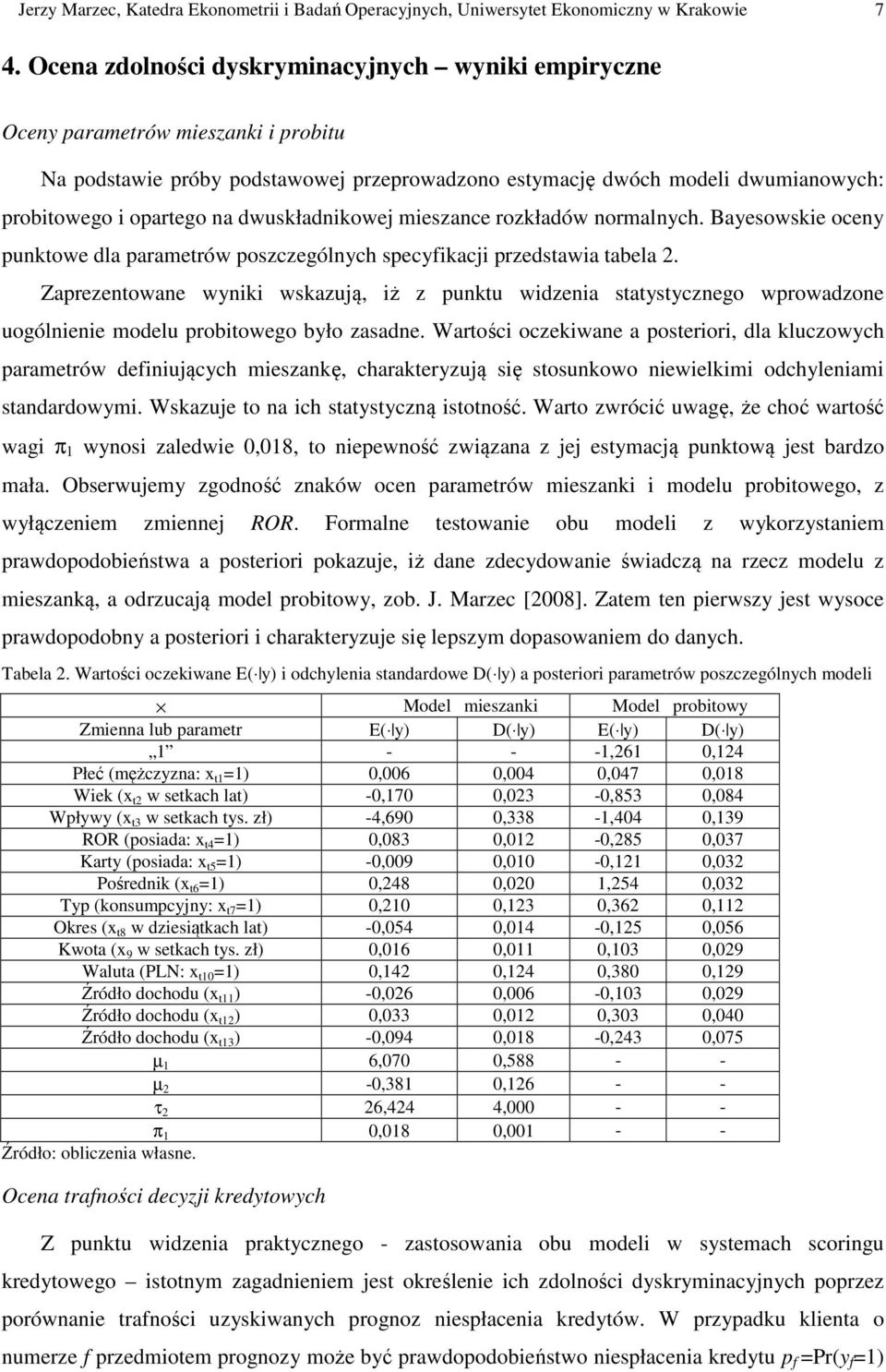 dwuskładnikowe mieszance rozkładów normalnych. Bayesowskie oceny punkowe dla paramerów poszczególnych specyikaci przedsawia abela 2.