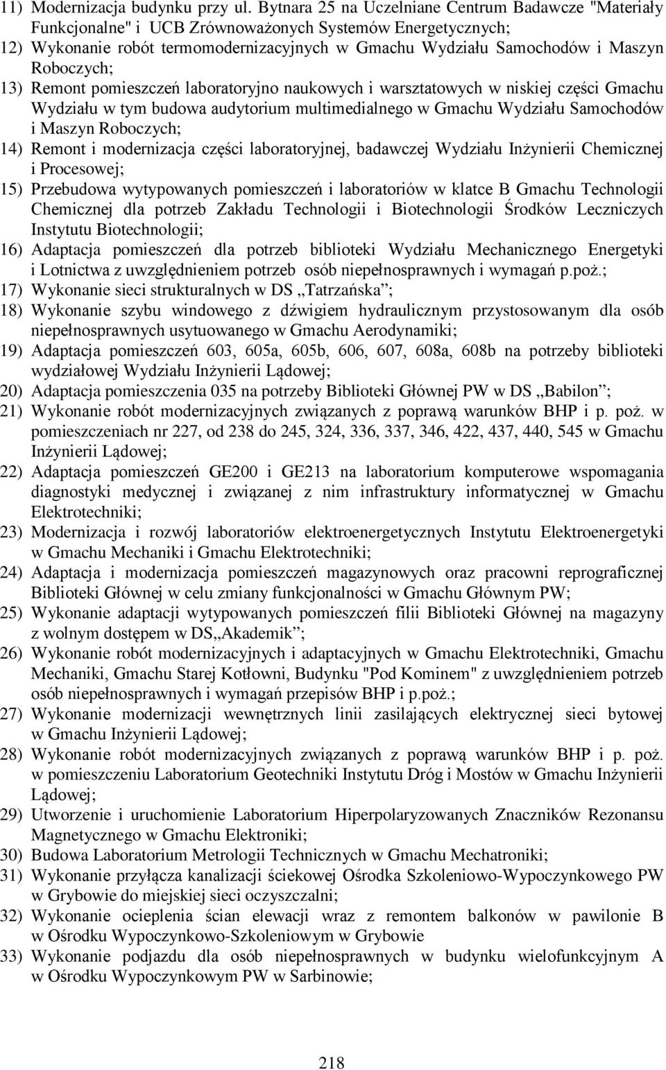 Roboczych; 13) Remont pomieszczeń laboratoryjno naukowych i warsztatowych w niskiej części Gmachu Wydziału w tym budowa audytorium multimedialnego w Gmachu Wydziału Samochodów i Maszyn Roboczych; 14)