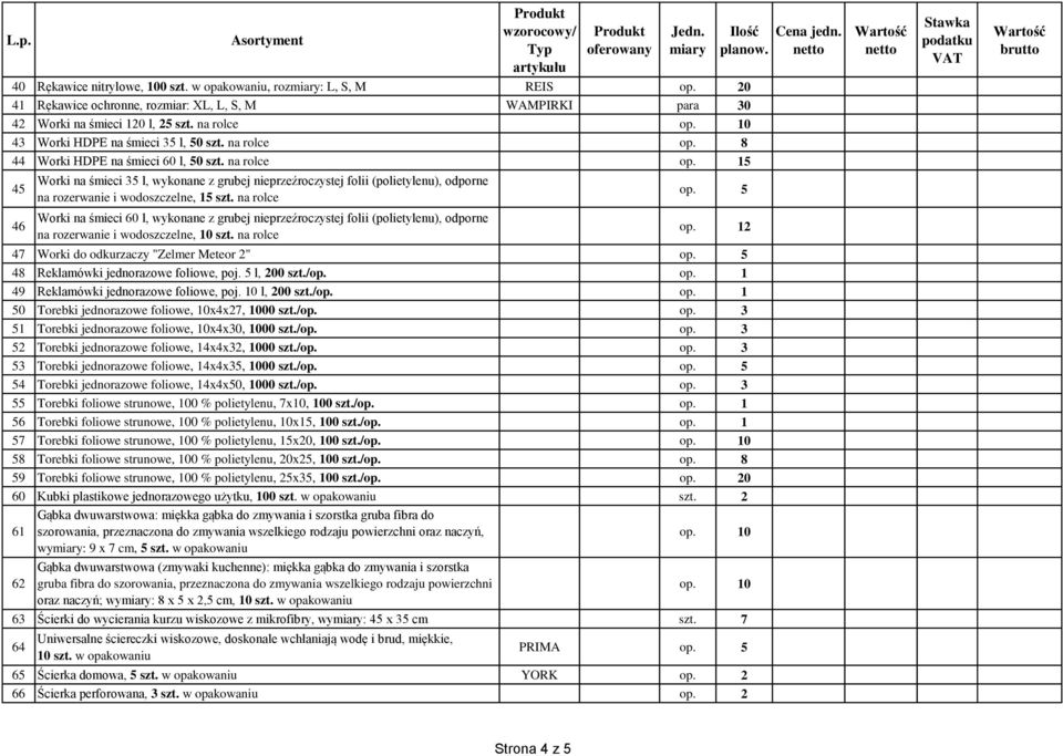 na rolce Worki na śmieci 60 l, wykonane z grubej nieprzeźroczystej folii (polietylenu), odporne na rozerwanie i wodoszczelne, 10 szt. na rolce op. 5 op. 12 47 Worki do odkurzaczy "Zelmer Meteor 2" op.