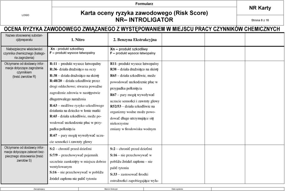 informacje dotyczące zaleceń bezpiecznego stosowania (treść zwrotów S) Xn - produkt szkodliwy F produkt wysoce łatwopalny R:11 produkt wysoce łatwopalny R:36- działa drażniąco na oczy R:38 działa