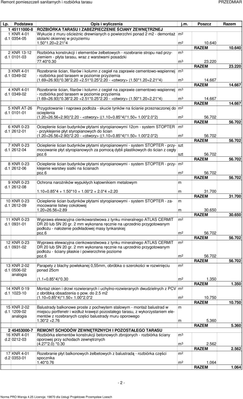 1 0354-05 stolarki okiennej w przyziemiu 1.50*1.20+2.21*4 10.640 RAZEM 10.640 2 KNR 13-12 Rozbiórka konstrukcji i elementów żelbetowych - rozebranie stropu nad przyziemiem m 3 d.