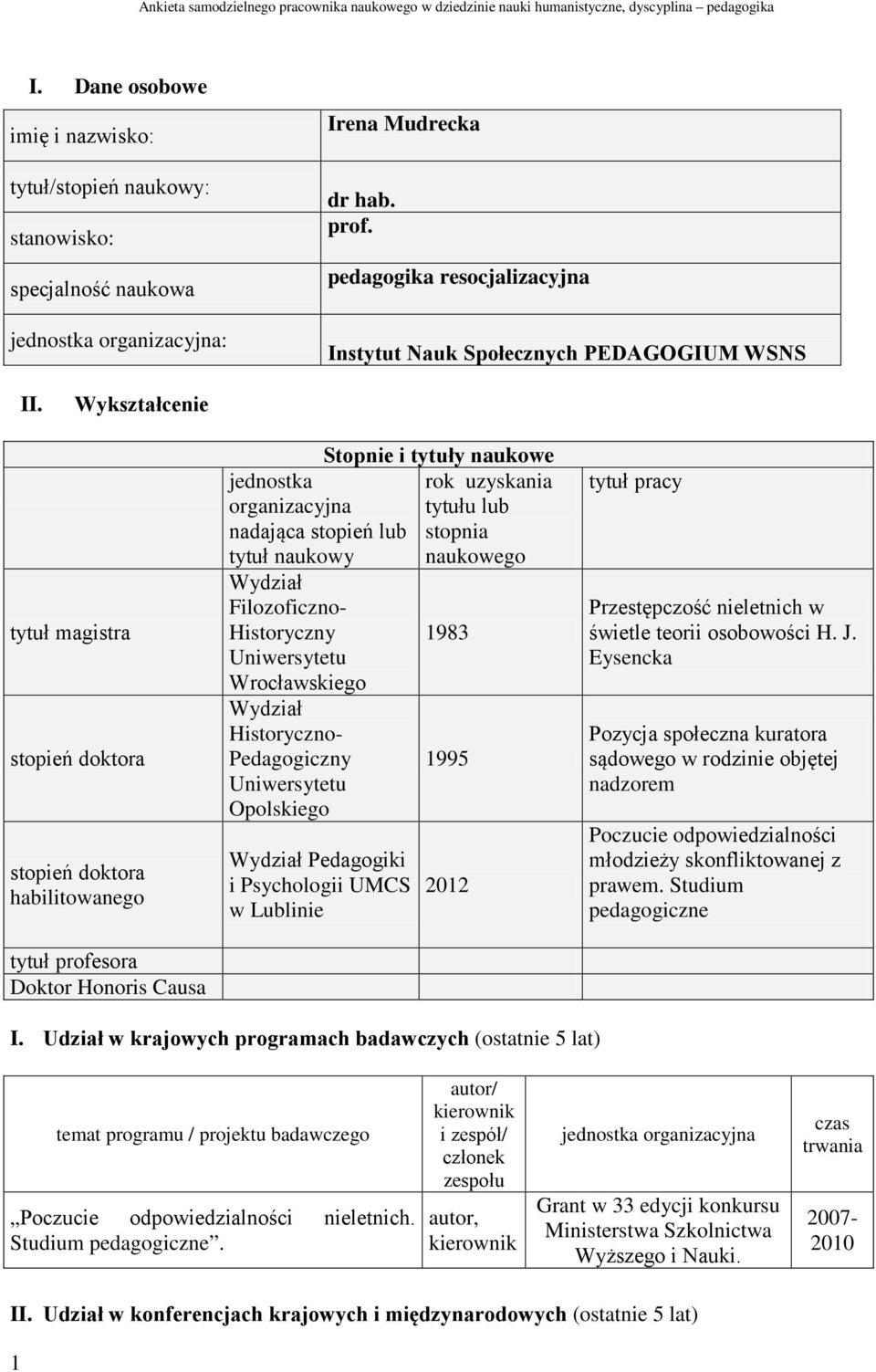 Wykształcenie tytuł magistra stopień doktora stopień doktora habilitowanego tytuł profesora Doktor Honoris Causa Stopnie i tytuły naukowe jednostka rok uzyskania organizacyjna tytułu lub nadająca