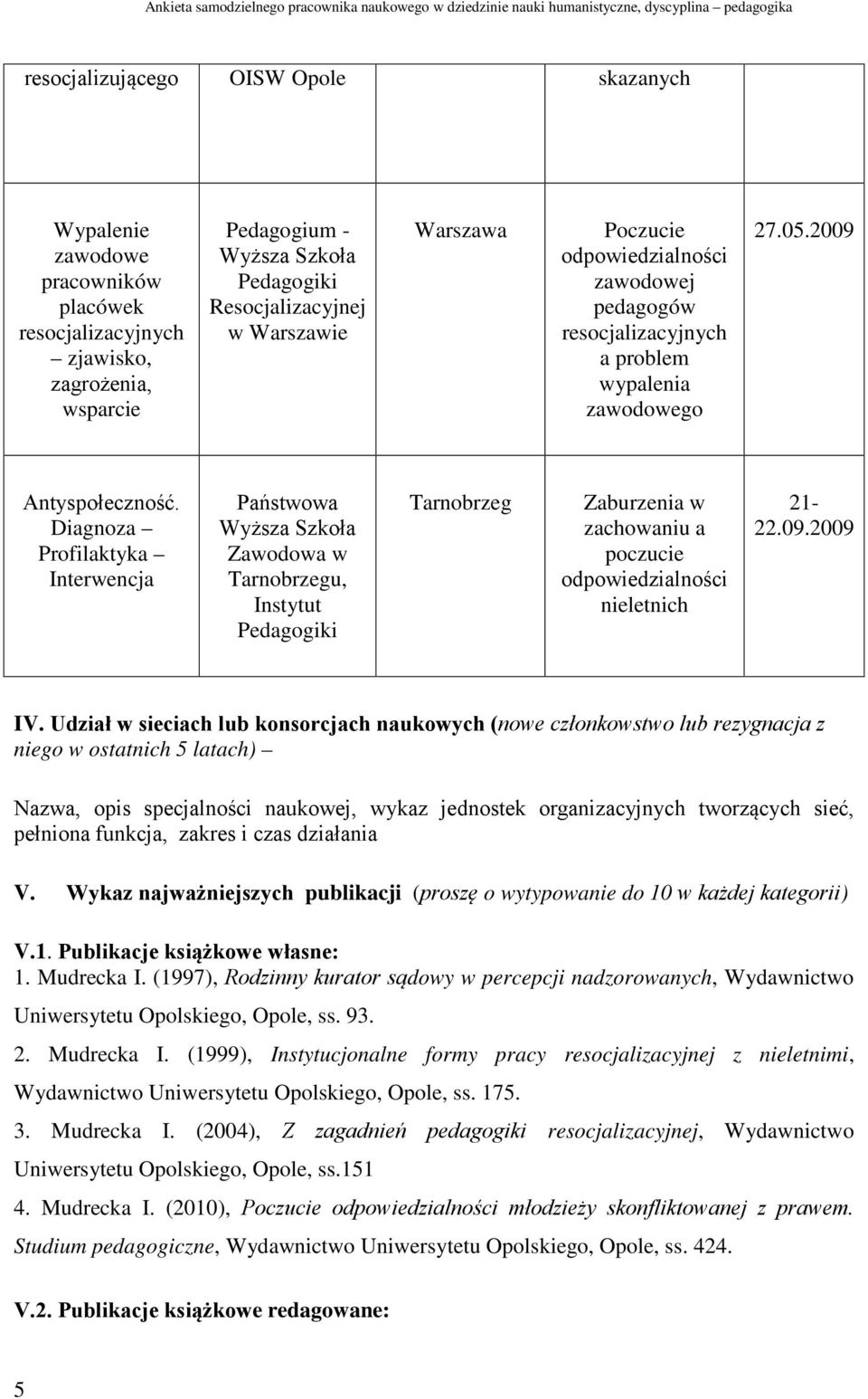 Diagnoza Profilaktyka Interwencja Państwowa Wyższa Szkoła Zawodowa w Tarnobrzegu, Instytut Tarnobrzeg Zaburzenia w zachowaniu a poczucie nieletnich 21-22.09.2009 IV.