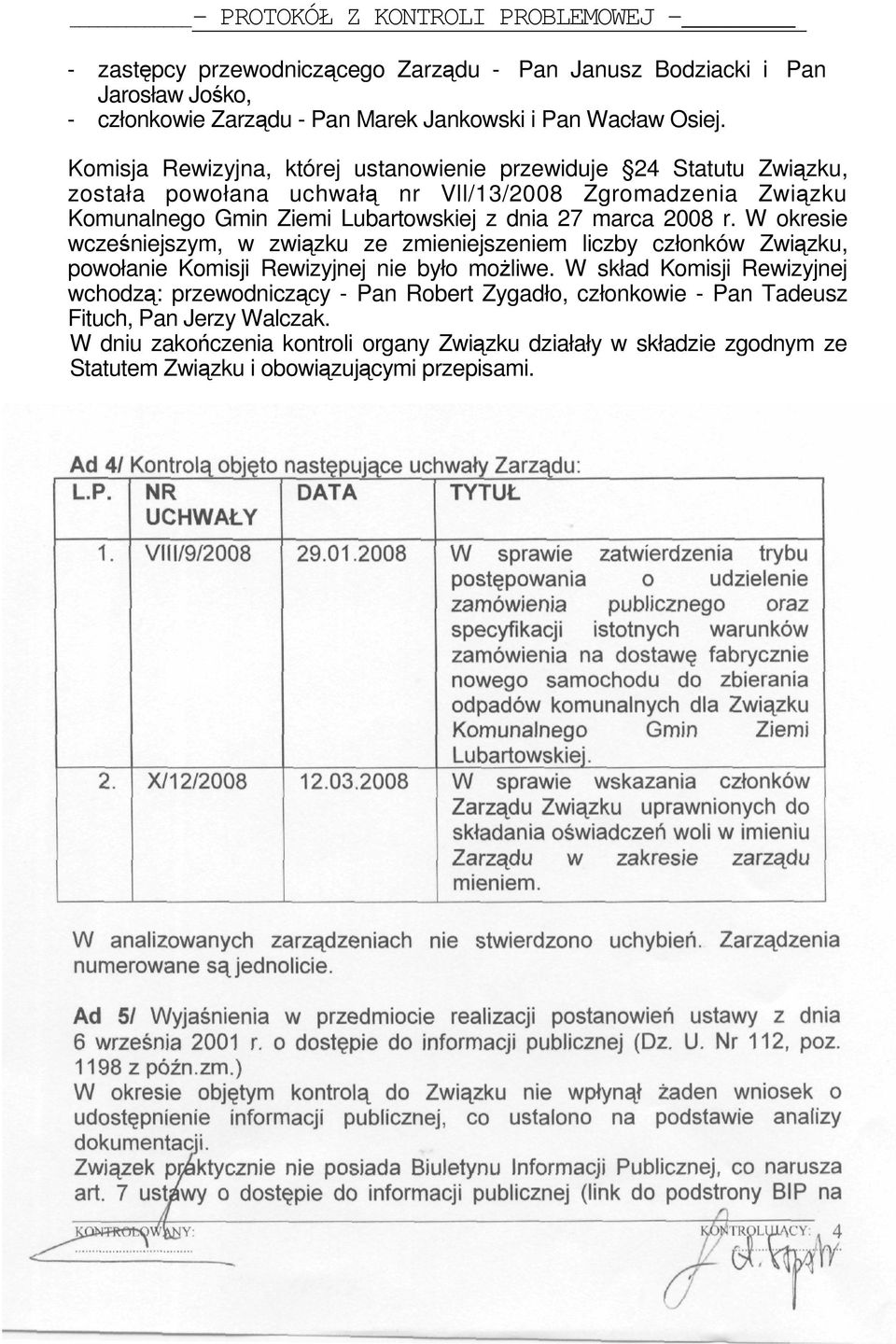 2008 r. W okresie wczeniejszym, w zwizku ze zmieniejszeniem liczby członków Zwizku, powołanie Komisji Rewizyjnej nie było moliwe.