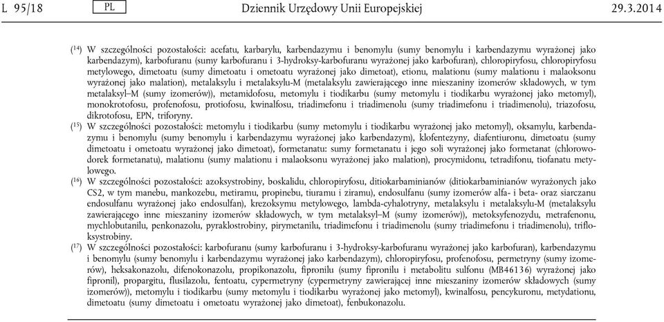 wyrażonej jako karbofuran), chloropiryfosu, chloropiryfosu metylowego, dimetoatu (sumy dimetoatu i ometoatu wyrażonej jako dimetoat), etionu, malationu (sumy malationu i malaoksonu wyrażonej jako