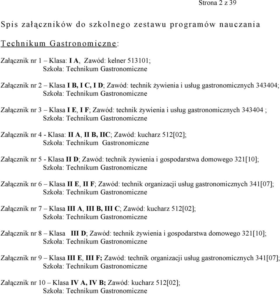 Załącznik nr 5 - Klasa II D; Zawód: technik żywienia i gospodarstwa domowego 321[10]; Załącznik nr 6 Klasa II E, II F; Zawód: technik organizacji usług gastronomicznych 341[07]; Załącznik nr 7 Klasa