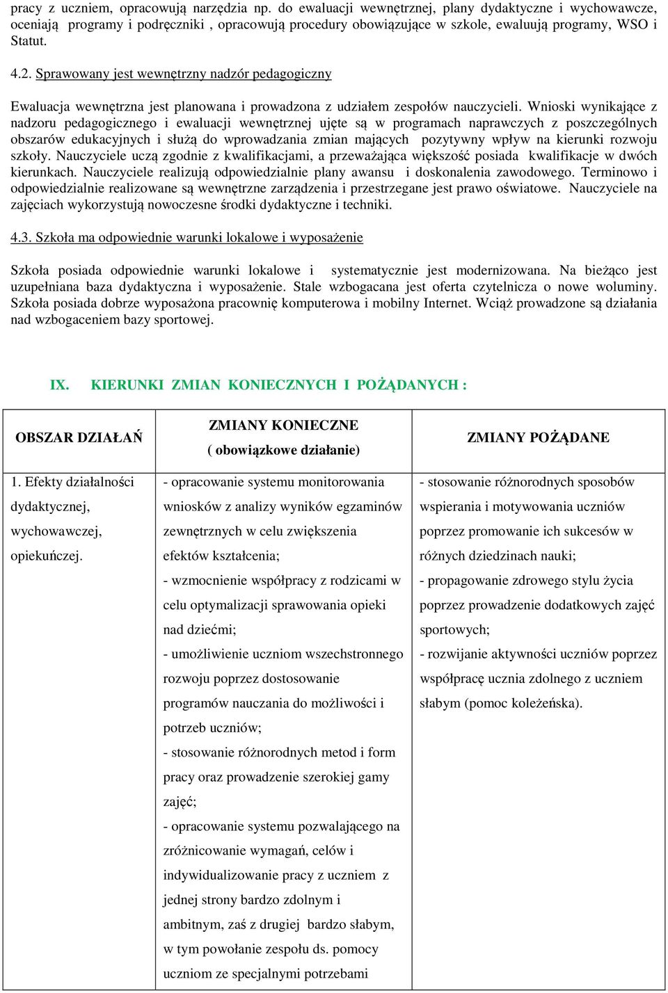 Sprawowany jest wewnętrzny nadzór pedagogiczny Ewaluacja wewnętrzna jest planowana i prowadzona z udziałem zespołów nauczycieli.