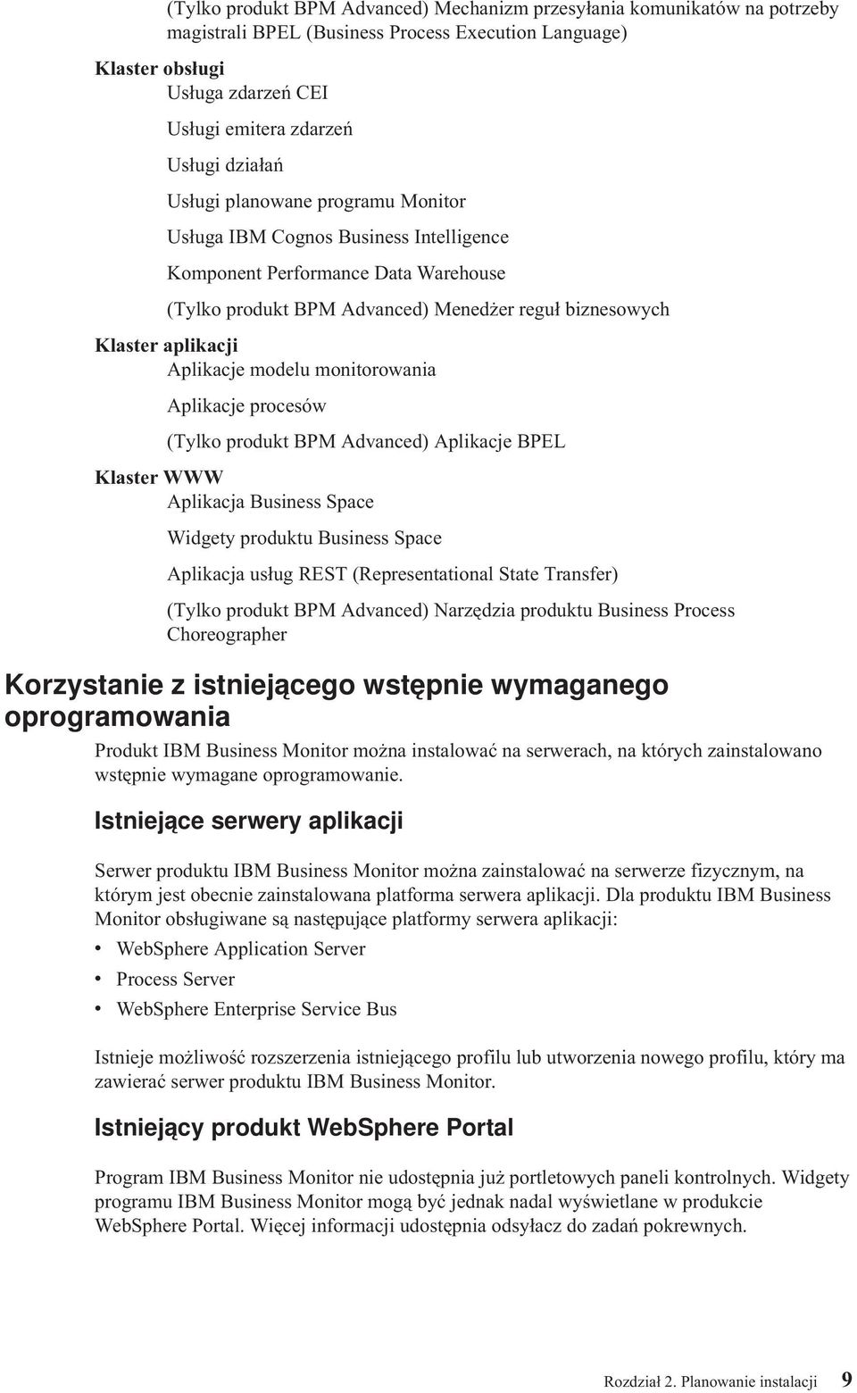 Aplikacje modelu monitorowania Aplikacje procesów (Tylko produkt BPM Adanced) Aplikacje BPEL Klaster WWW Aplikacja Business Space Widgety produktu Business Space Aplikacja usług REST