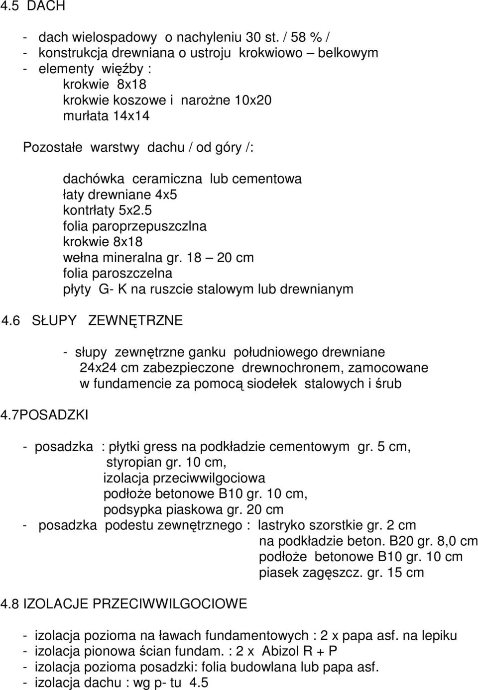 lub cementowa łaty drewniane 4x5 kontrłaty 5x2.5 folia paroprzepuszczlna krokwie 8x18 wełna mineralna gr. 18 20 cm folia paroszczelna płyty G- K na ruszcie stalowym lub drewnianym 4.