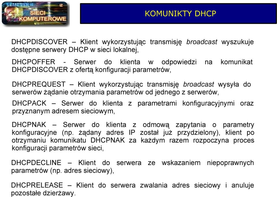 konfiguracyjnymi oraz przyznanym adresem sieciowym, DHCPNAK Serwer do klienta z odmową zapytania o parametry konfiguracyjne (np.