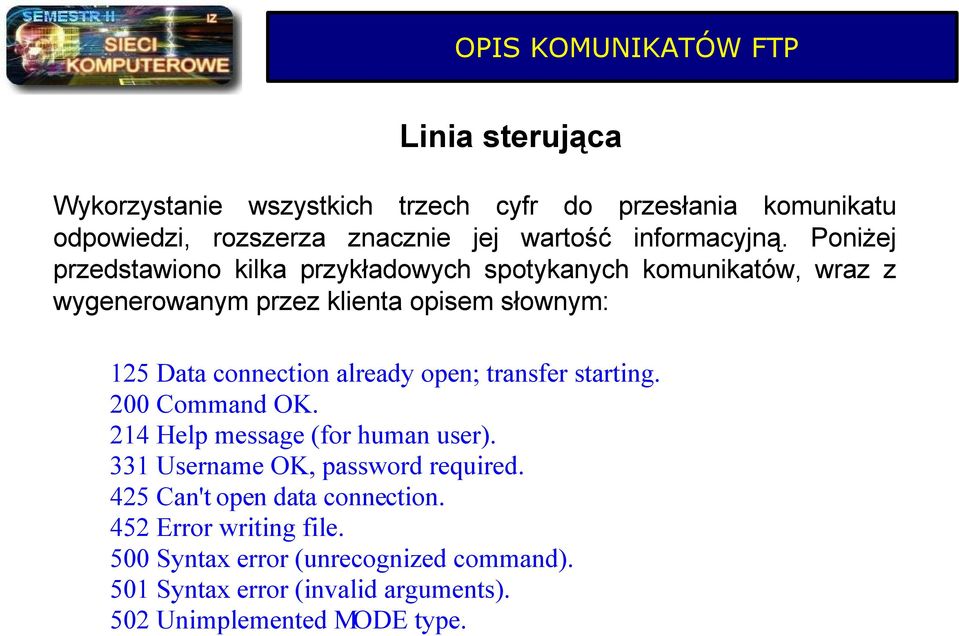 Poniżej przedstawiono kilka przykładowych spotykanych komunikatów, wraz z wygenerowanym przez klienta opisem słownym: 125 Data connection