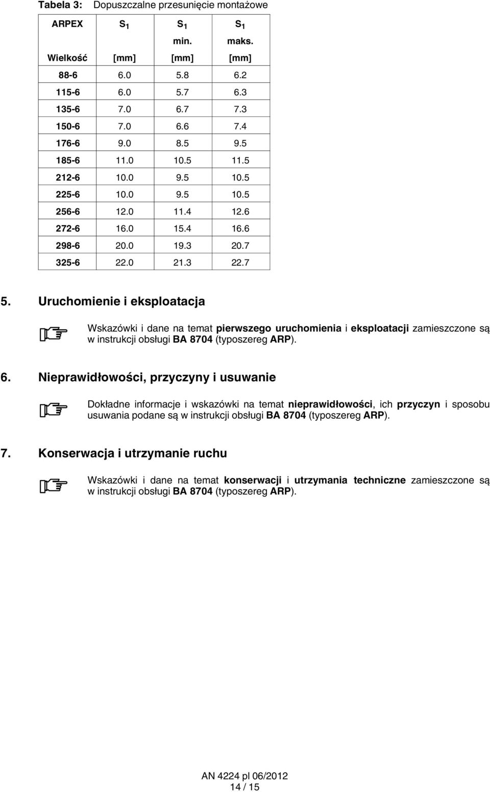 Uruchomienie i eksploatacja Wskazówki i dane na temat pierwszego uruchomienia i eksploatacji zamieszczone są w instrukcji obsługi BA 8704 (typoszereg ARP). 6.