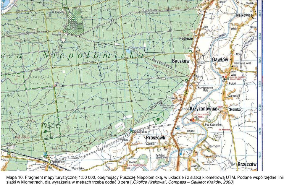 Niepołomicką, w układzie i z siatką kilometrową UTM.