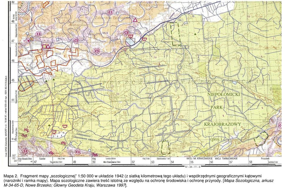 układu) i współrzędnymi geograficznymi kątowymi (naroŝniki i ramka mapy).