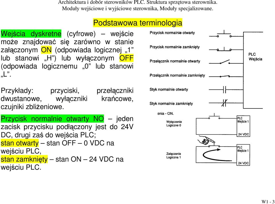 Przykłady: przyciski, przełączniki dwustanowe, wyłączniki krańcowe, czujniki zbliżeniowe.