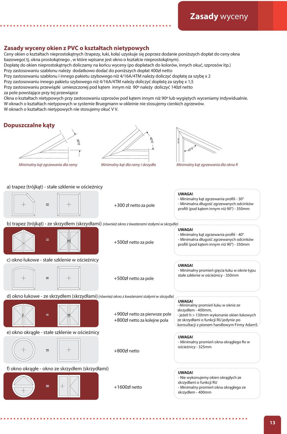 ) Przy zastosowaniu szablonu należy dodatkowo dodać do poniższych dopłat 400zł netto Przy zastosowaniu szablonu i innego pakietu szybowego niż 4/16A/4TM należy doliczyć dopłatę za szybę x 2 Przy