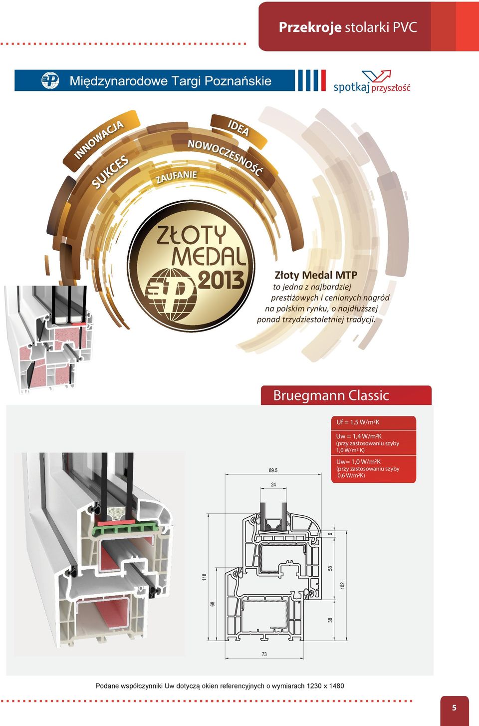 Bruegmann Classic Uf = 1,5 W/m2K Uw = 1,4 W/m2K (przy zastosowaniu szyby 1,0 W/m2 K) Uw= 1,0