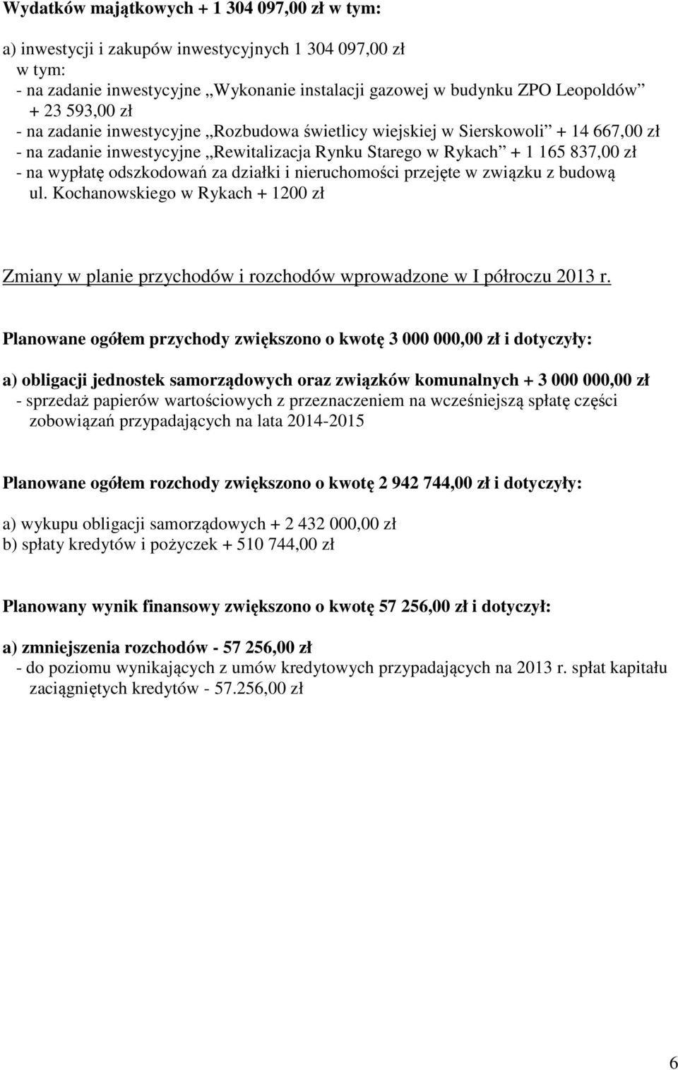 działki i nieruchomości przejęte w związku z budową ul. Kochanowskiego w Rykach + 1200 zł Zmiany w planie przychodów i rozchodów wprowadzone w I półroczu 2013 r.