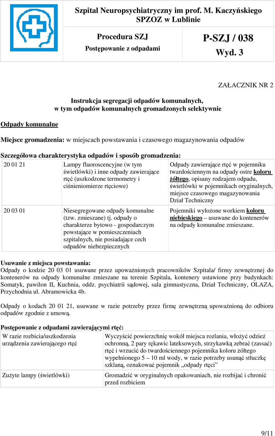 NR 2 Odpady zawierające rtęć w pojemniku twardościennym na odpady ostre koloru żółtego, opisany rodzajem odpadu, świetlówki w pojemnikach oryginalnych, miejsce czasowego magazynowania Dział