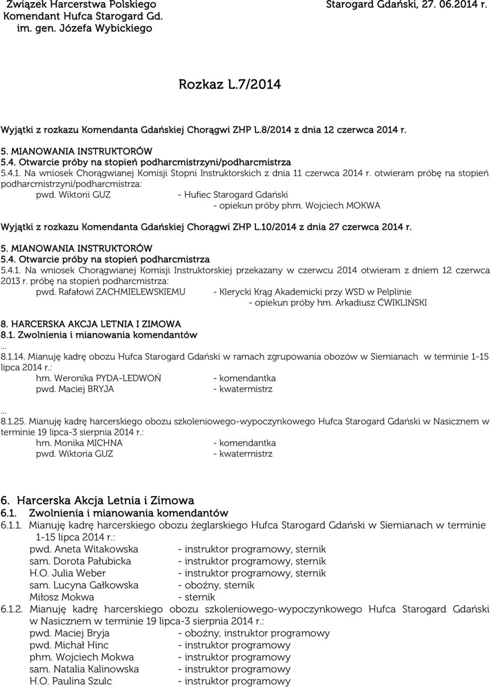 otwieram próbę na stopień podharcmistrzyni/podharcmistrza: pwd. Wiktorii GUZ - opiekun próby phm. Wojciech MOKWA Wyjątki z rozkazu Komendanta Gdańskiej Chorągwi ZHP L.10/2014 z dnia 27 czerwca 2014 r.