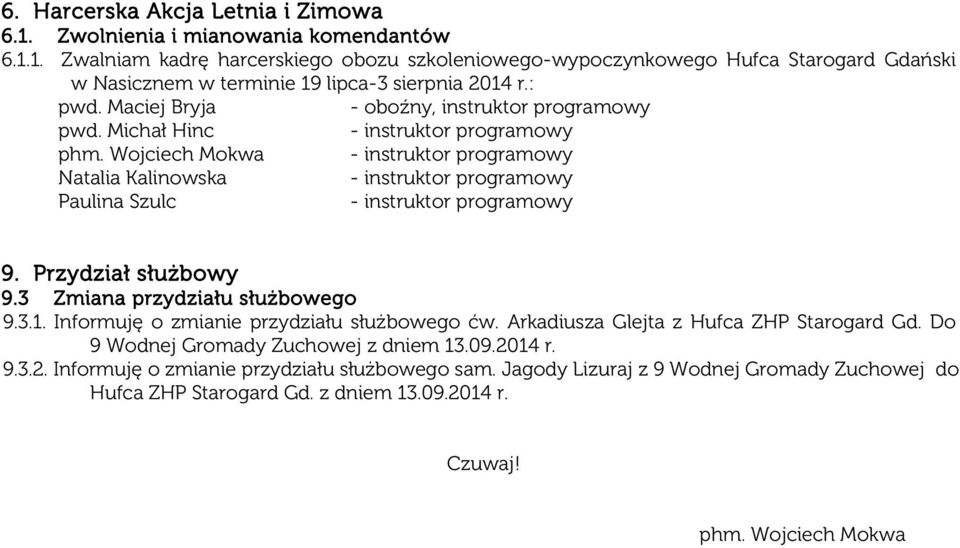 Michał Hinc - instruktor programowy - instruktor programowy Natalia Kalinowska - instruktor programowy Paulina Szulc - instruktor programowy 9. Przydział służbowy 9.