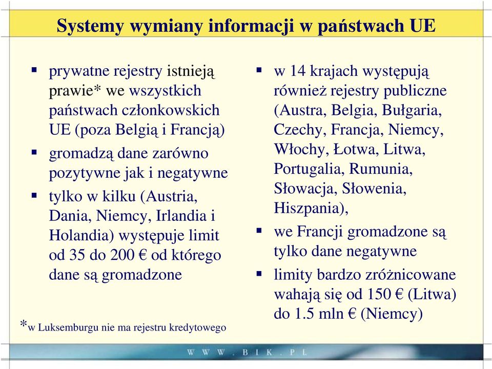 Luksemburgu nie ma rejestru kredytowego w 14 krajach występują również rejestry publiczne (Austra, Belgia, Bułgaria, Czechy, Francja, Niemcy, Włochy, Łotwa,