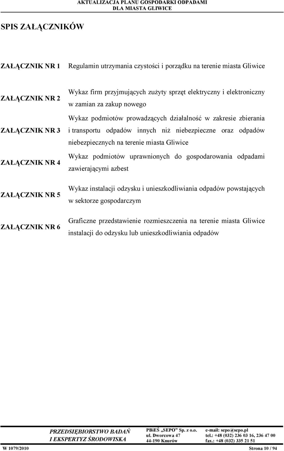 Gliwice Wykaz podmiotów uprawnionych do gospodarowania odpadami zawierającymi azbest ZAŁĄCZNIK NR 5 Wykaz instalacji odzysku i unieszkodliwiania odpadów powstających w sektorze gospodarczym ZAŁĄCZNIK