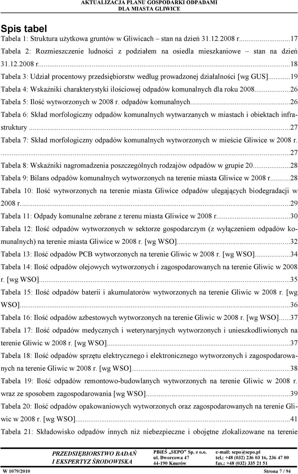 ..27 Tabela 7: Skład morfologiczny odpadów komunalnych wytworzonych w mieście Gliwice w 2008 r....27 Tabela 8: Wskaźniki nagromadzenia poszczególnych rodzajów odpadów w grupie 20.