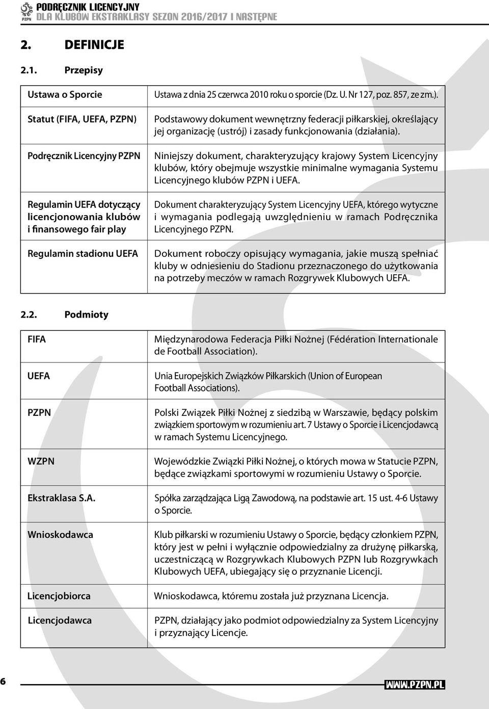 2010 roku o sporcie (Dz. U. Nr 127, poz. 857, ze zm.). Podstawowy dokument wewnętrzny federacji piłkarskiej, określający jej organizację (ustrój) i zasady funkcjonowania (działania).